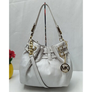 Michael Kors White Leather Belt Drawstring Chain Strap Shoulder Bag